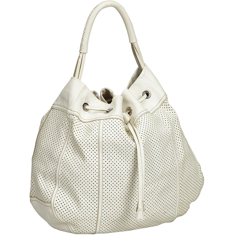 

Prada Ivory Perforated Leather Hobo Bag, White