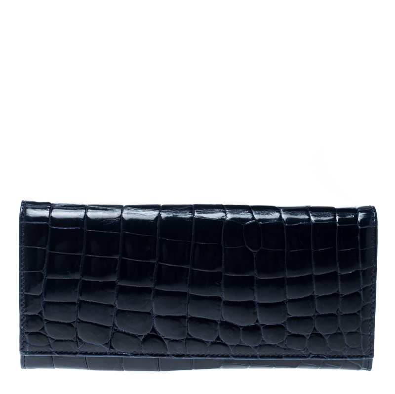 Pre Owned Prada Blue Croc Embossed Leather Continental Wallet 