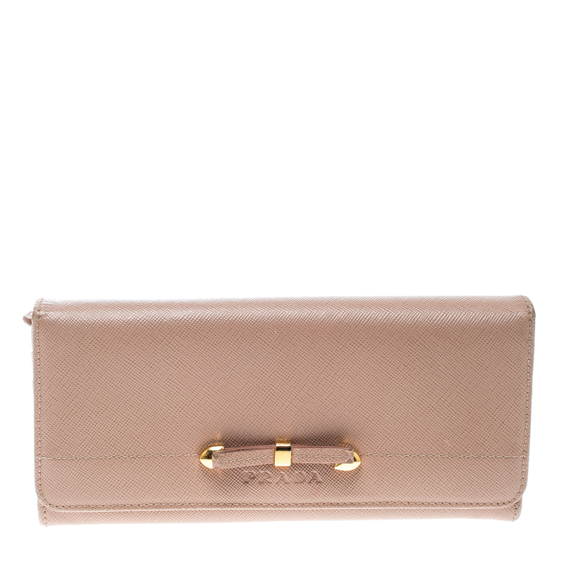 Pre Owned Prada Beige Saffiano Leather Bow Continental Wallet