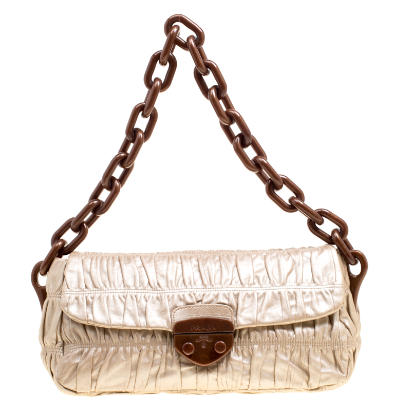 Prada Metallic Beige Leather Gaufre Chain Shoulder Bag Prada | TLC