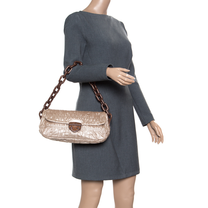 

Prada Metallic Beige Leather Gaufre Chain Shoulder Bag