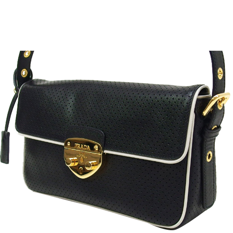 

Prada Black/White Perforated Leather Top Handle Bag