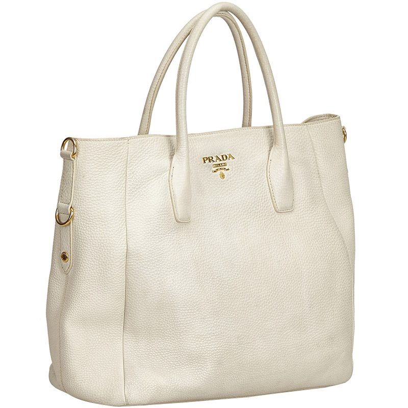 

Prada White Vitello Daino Leather Tote Bag