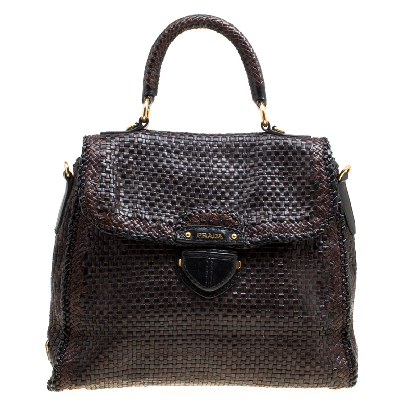 Prada Brown Woven Leather Madras Top Handle Bag Prada | The Luxury Closet