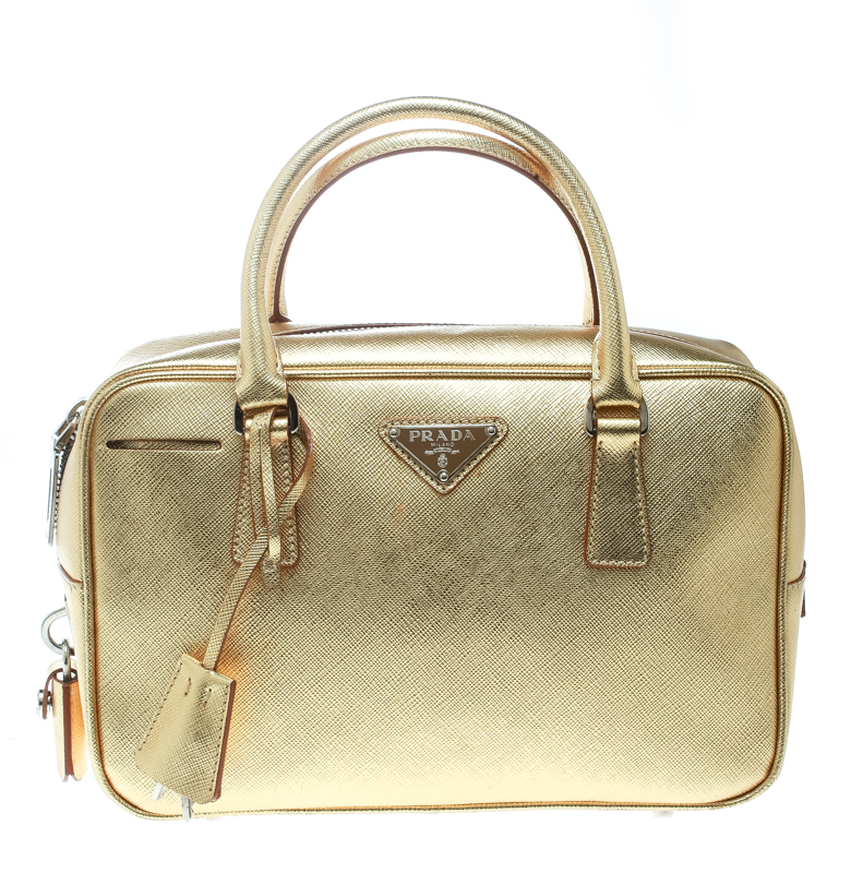 Prada Gold Saffiano Lux Leather Bauletto Satchel