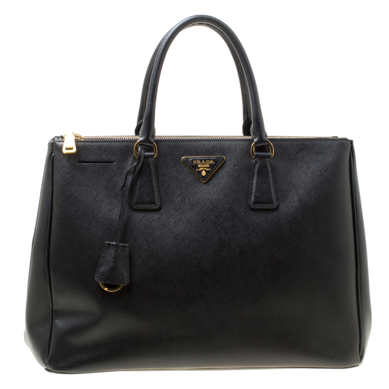 Pre Owned Prada Black Saffiano Lux Leather Large Double Zip Tote