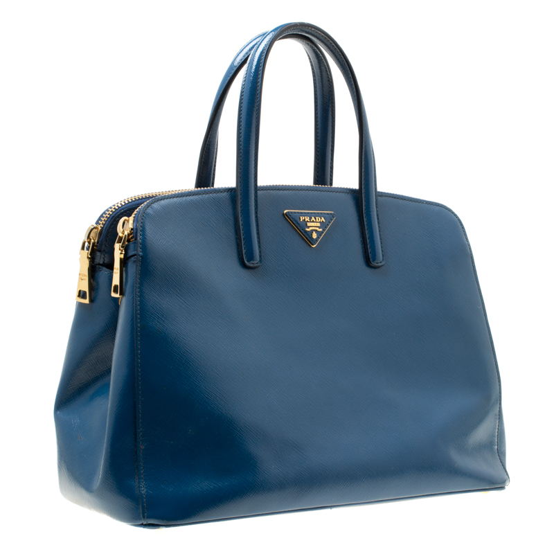 Prada Blue Patent Leather Double Zip Top Handle Bag