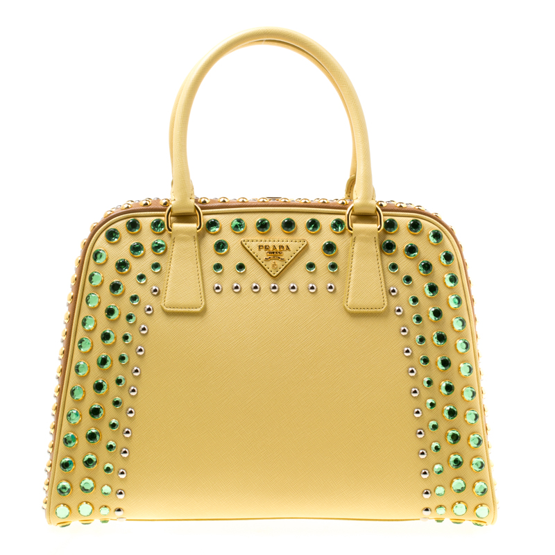 Prada Blush Yellow/Brown Saffiano Lux Leather Pyramid Frame Top Handle Bag