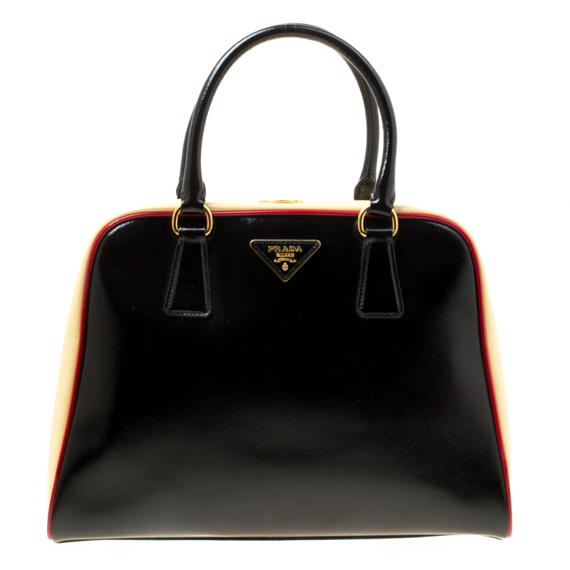 Pre Owned Prada Black/Yellow Patent Leather Pyramid Frame Top Handle Bag