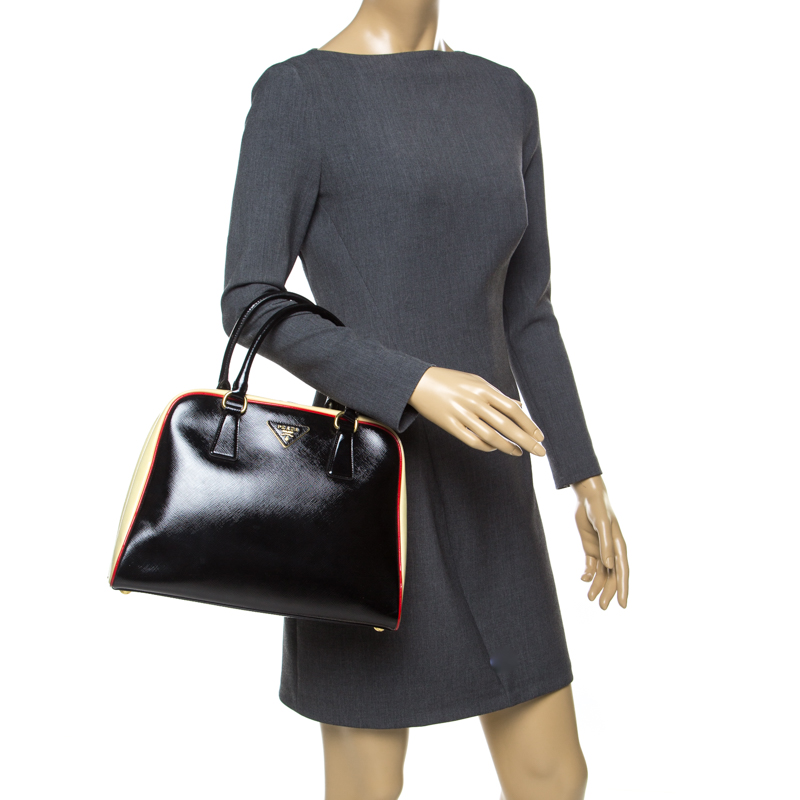 

Prada Black/Yellow Patent Leather Pyramid Frame Top Handle Bag