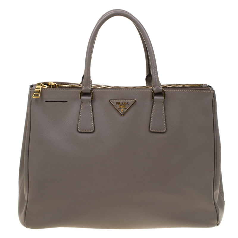 Pre Owned Prada Grey Saffiano Lux Leather Double Zip Tote