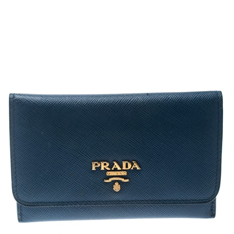 Pre Owned Prada Blue Saffiano Triang Leather Card Holder