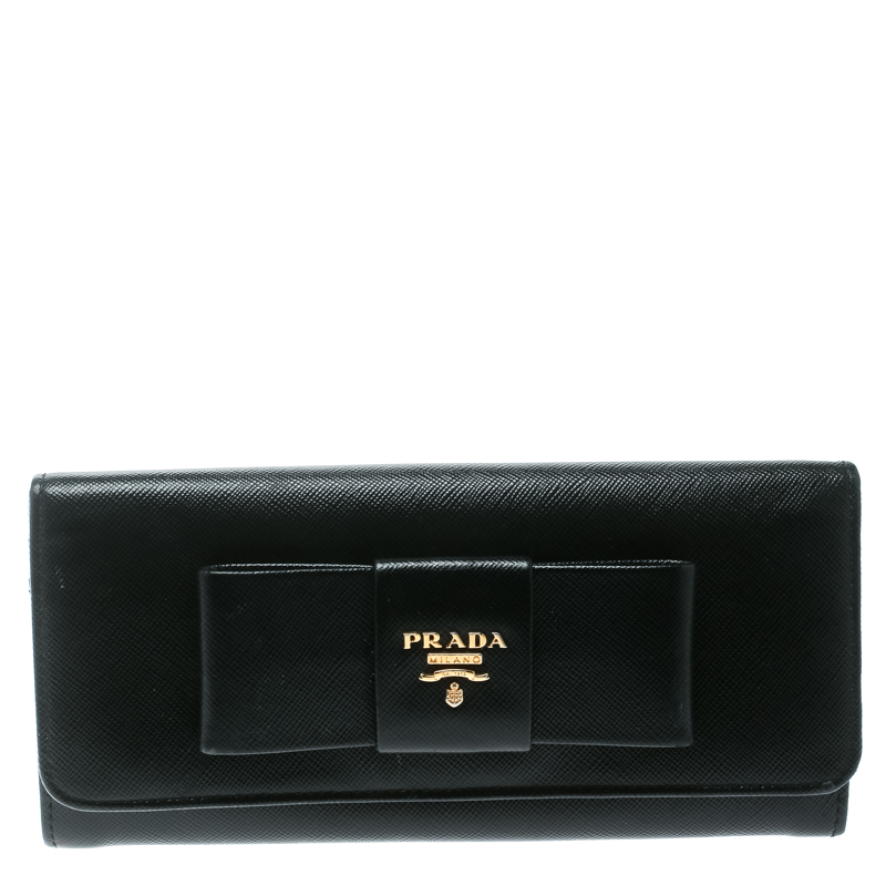 Pre Owned Prada Black Saffiano Leather Bow Continental Wallet