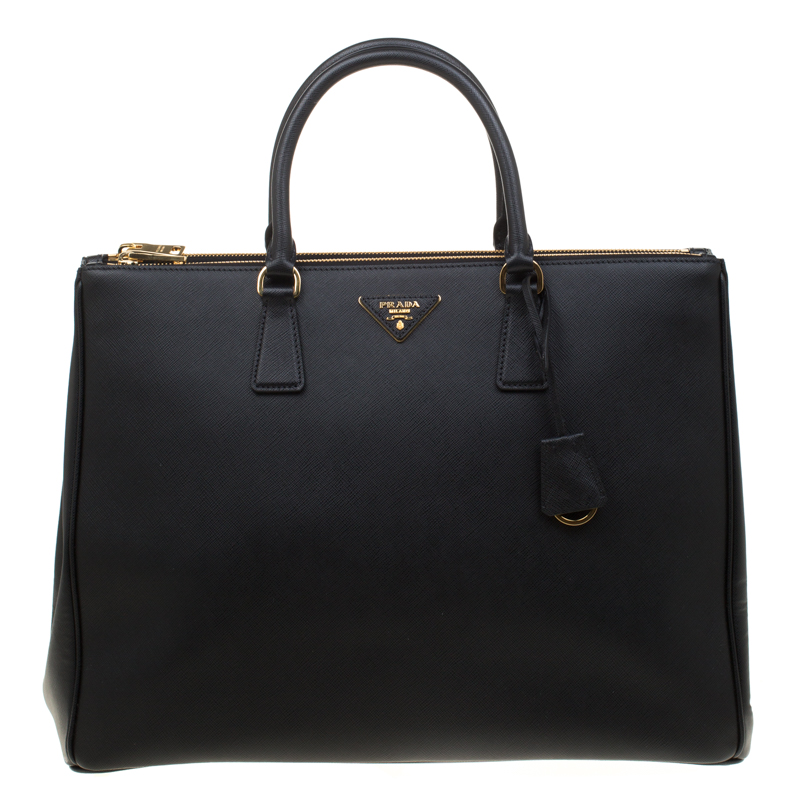 Pre Owned Prada Black Saffiano Lux Leather Executive Double Zip Top Handle Bag