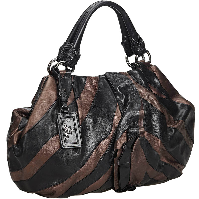 

Prada Black/Brown Leather Ruffled Mordore Hobo Bag