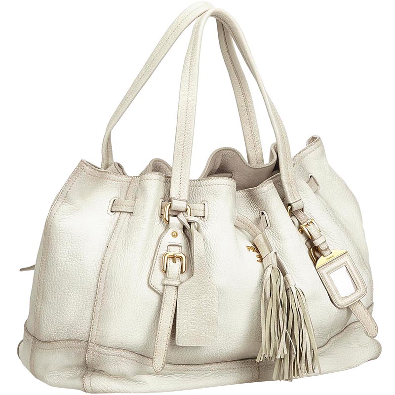 

Prada Ivory Leather Tassel Tote Bag, White