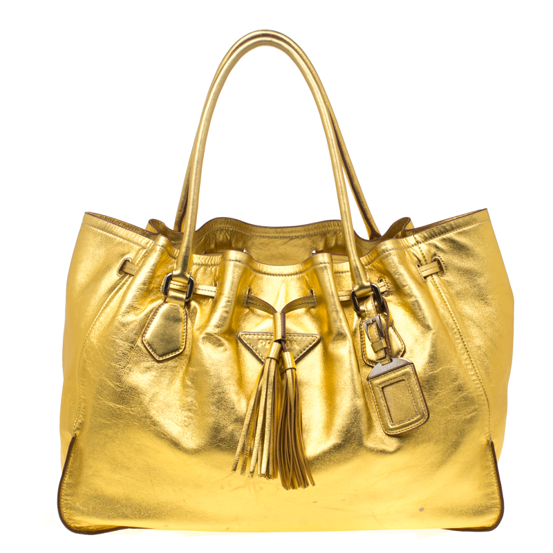 Pre Owned Prada Gold Leather Tassel Drawstring Tote