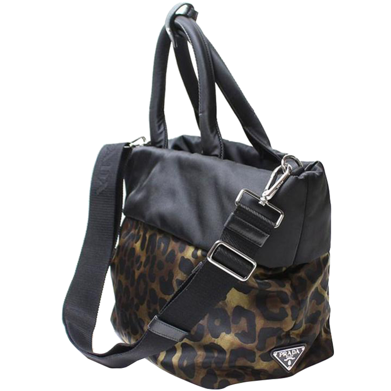 

Prada Black/Khaki Leopard Print Nylon Tote