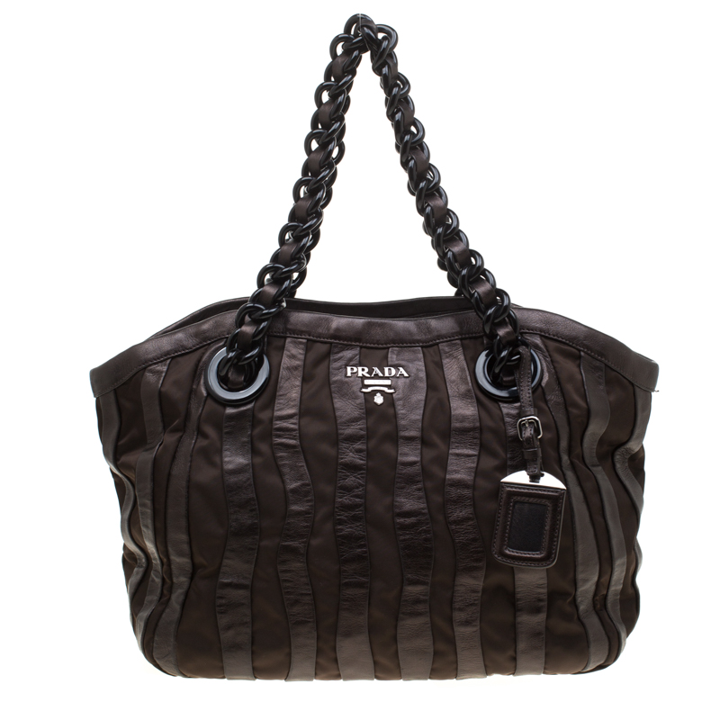 Pre Owned Prada Dark Brown Leather and Nylon Wave Hobo