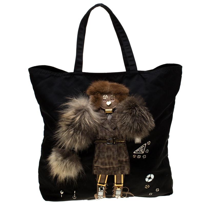 Pre Owned Prada Black Robot Nylon Shopper Tote