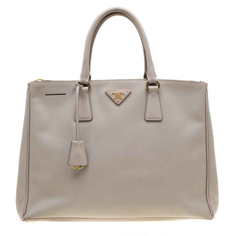 Pre Owned Prada Light Grey Saffiano Lux Leather Large Double Zip Tote