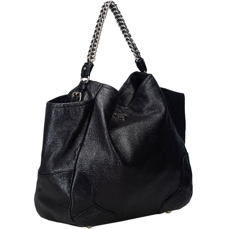 

Prada Black Leather Cervo Lux Chain Tote Bag