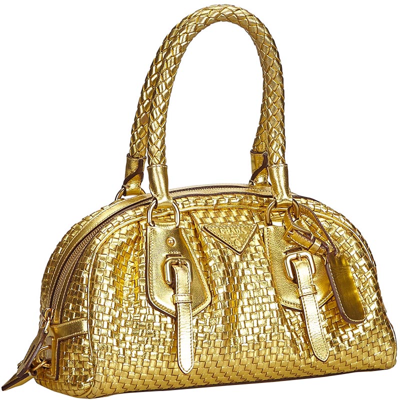 

Prada Gold Woven Goatskin Madras Intreccio Frame Metallic Everyday Bag