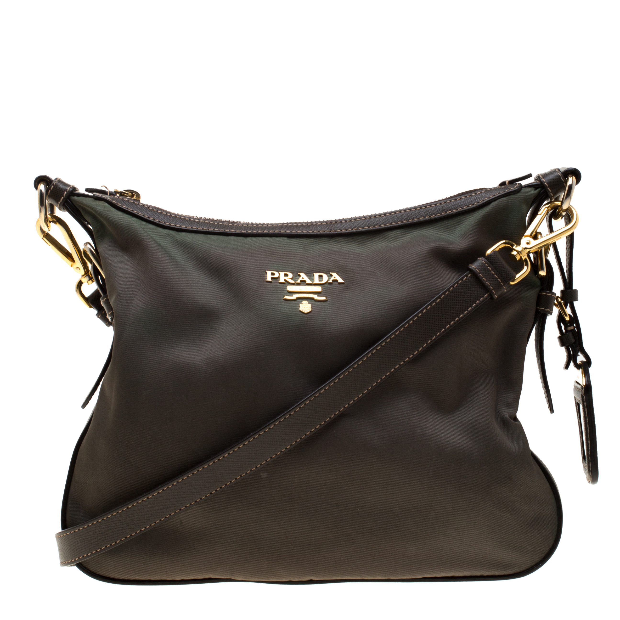 Pre Owned Prada Green/Brown Nylon and Leather Shoulder Bag