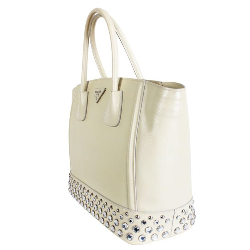 

Prada Beige Calfskin Leather Crystal Tote Bag
