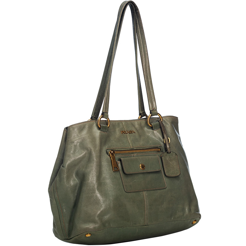 

Prada Gray Leather Pocket Tote Bag, Grey