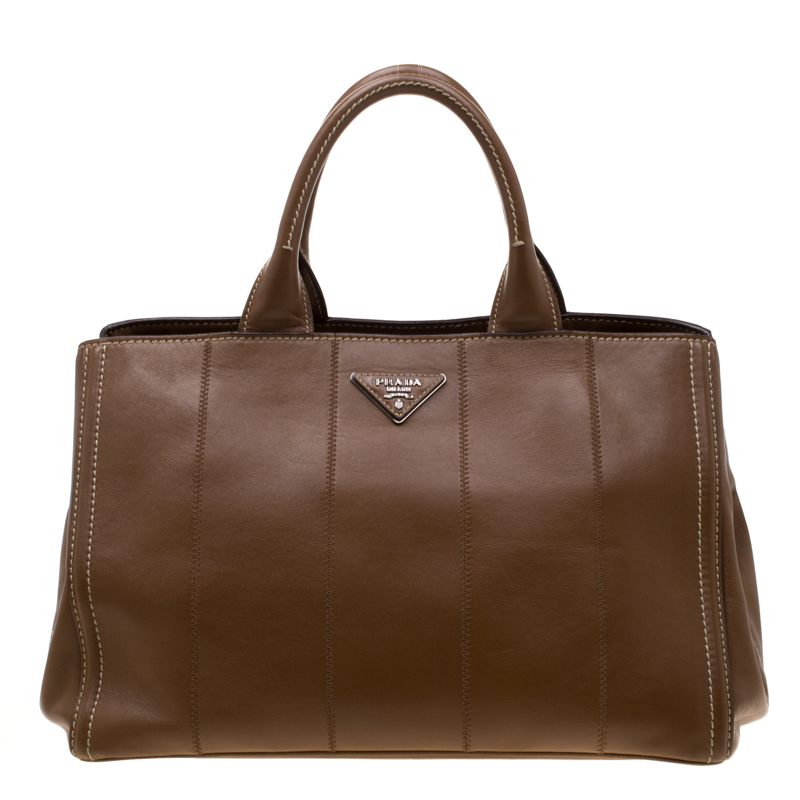 Pre Owned Prada Brown Stitch Leather Tote