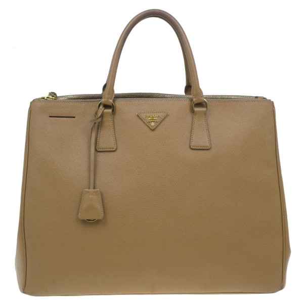 Pre Owned Prada Camel Brown Saffiano Large Double Zip Tote