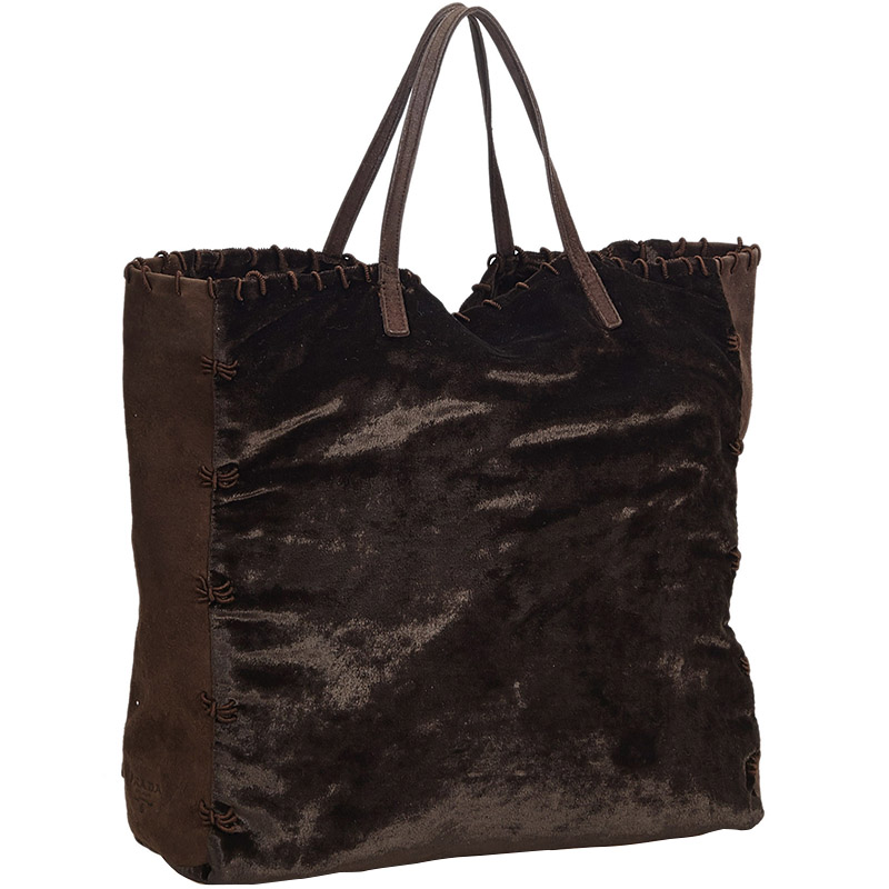 

Prada Brown Velour Embroidered Tote Bag
