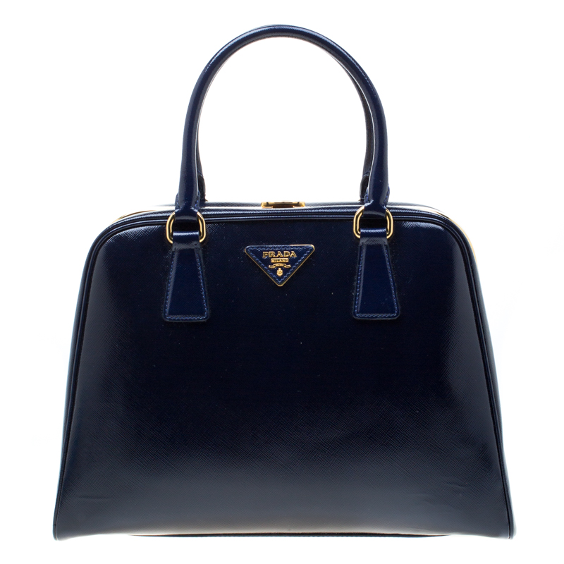 Pre Owned Prada Royal Blue Saffiano Leather Pyramid Frame Top Handle Bag