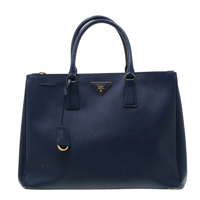 Pre Owned Prada Blue Saffiano Lux Leather Medium Double Zip Tote 