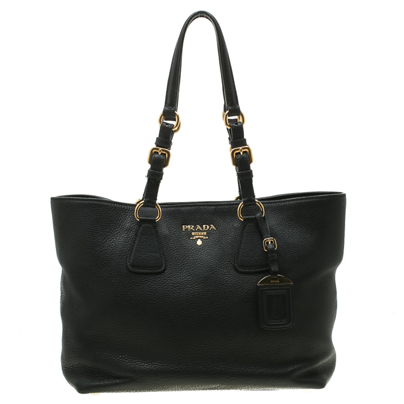 Pre Owned Prada Black Vitello Phenix Leather Medium Tote