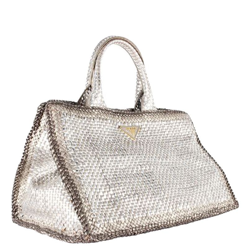 

Prada Silver Woven Madras Tote Bag