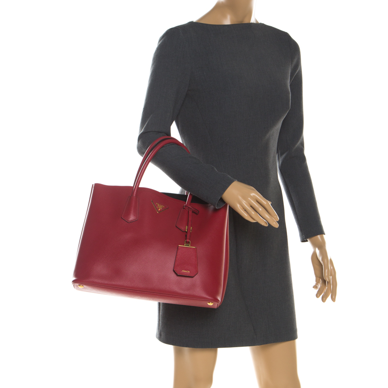 

Prada Red Saffiano Cuir Leather Double Handle Tote