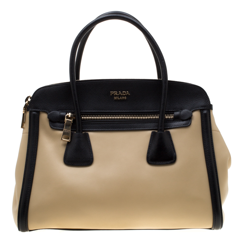 Pre Owned Prada Beige/Black Leather Double Zip Convertible Tote