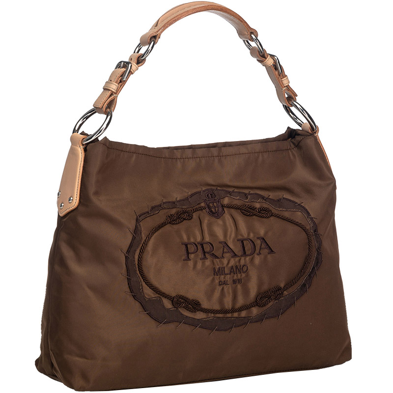 

Prada Brown Nylon Embroidered Logo and Leather Shopping Tote