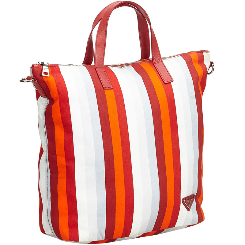 

Prada White/Red Stripe Printed Cotton Tote, Multicolor