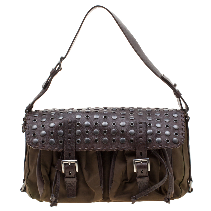 Pre Owned Prada Brown Nylon and Leather Studded Shoulder Bag
