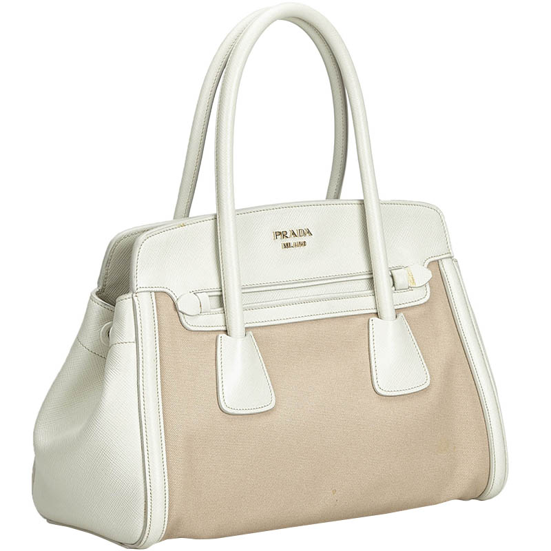 

Prada Brown/White Canvas Saffiano Leather Trimmed Satchel Bag