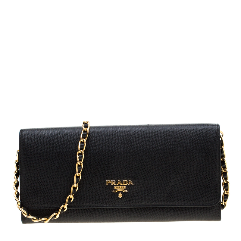 Pre Owned Prada Black Saffiano Lux Leather Metal Oro Chain Wallet