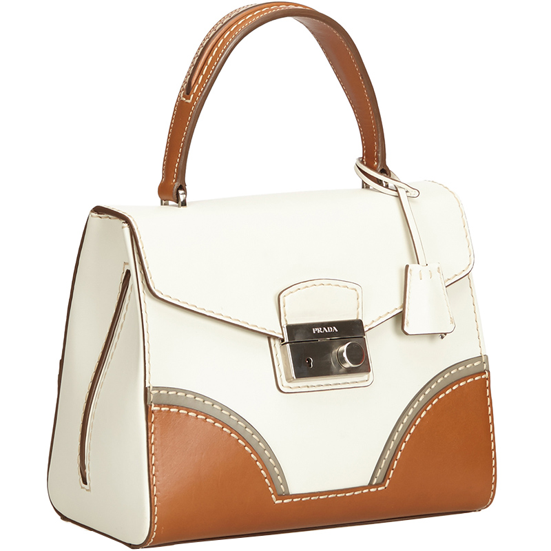 

Prada Bicolor Leather Front Flap Top Handle Bag, Brown