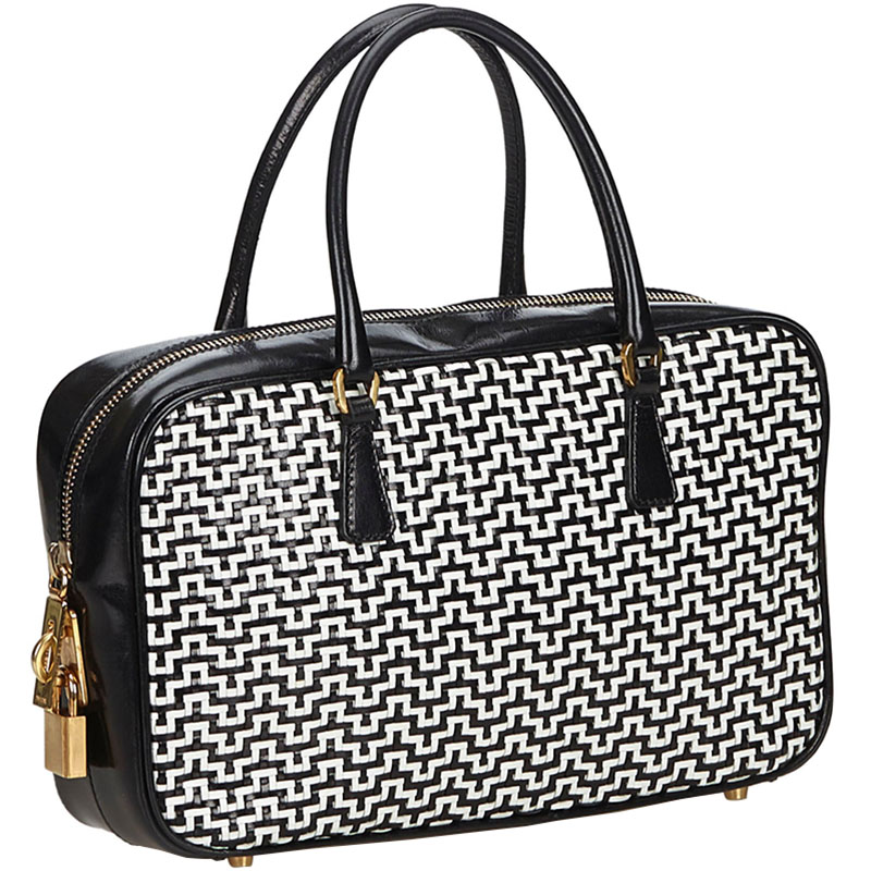

Prada Black/White Woven Leather Bowler Bag