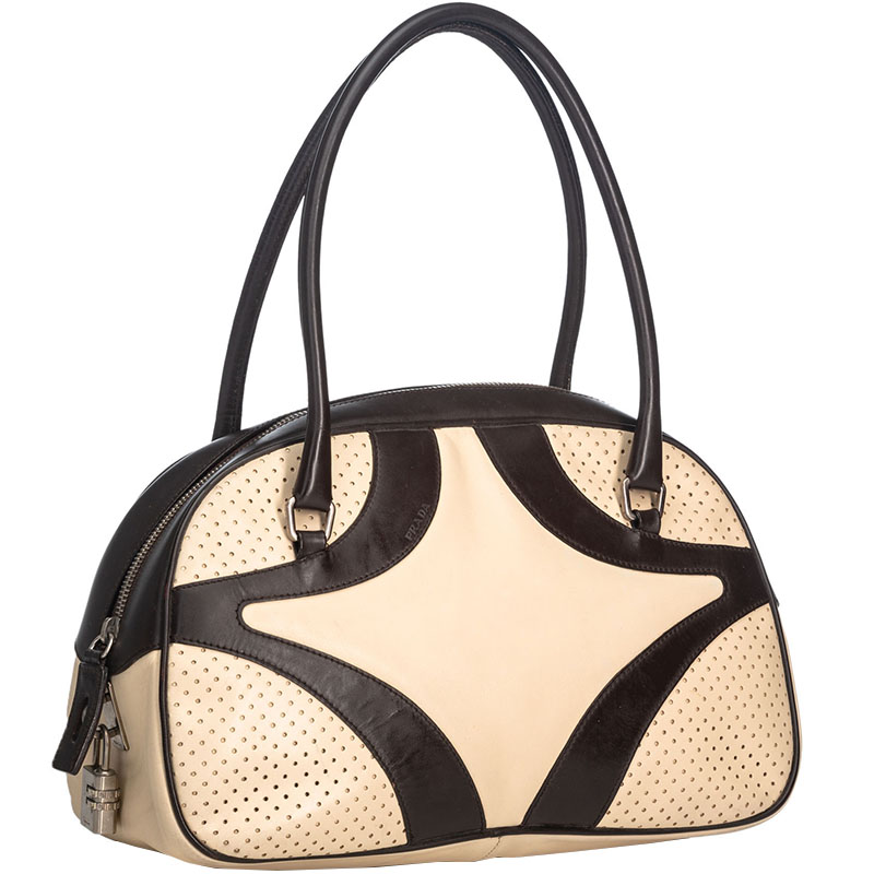 

Prada White/Brown Perforated Leather Shoulder Bag