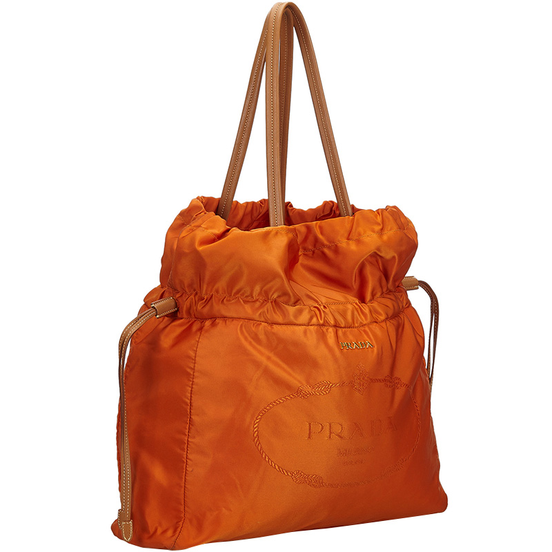 

Prada Orange Nylon Drawstring Shopper Tote