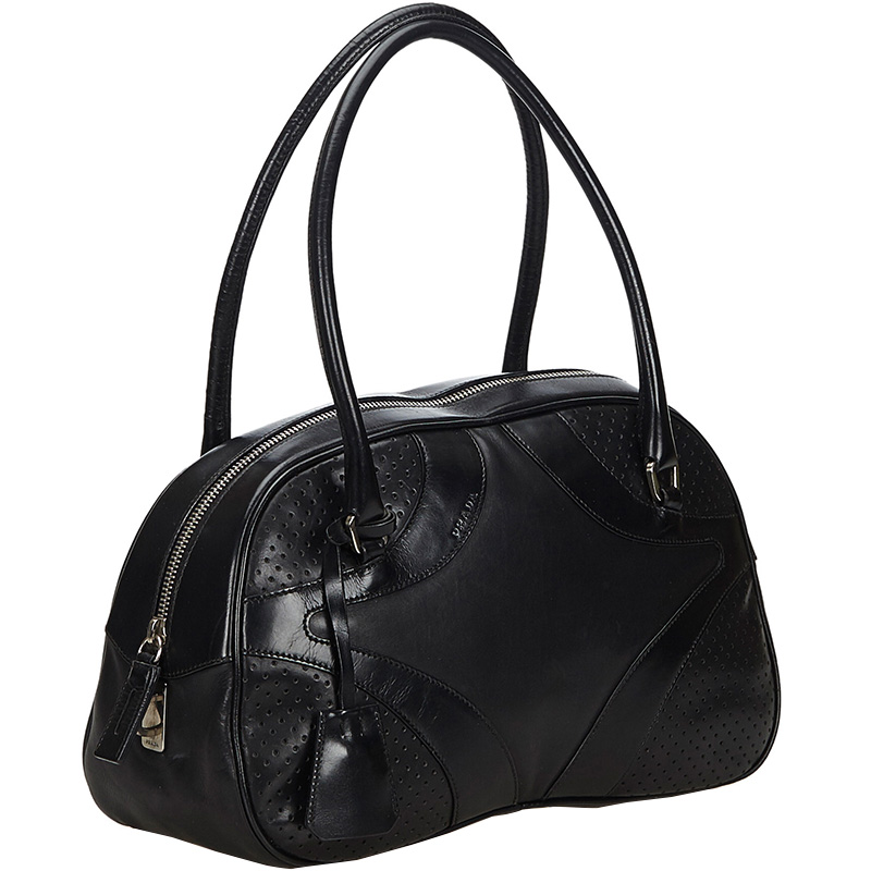 

Prada Black Leather Perforated Vitello Drive Bowler Bag