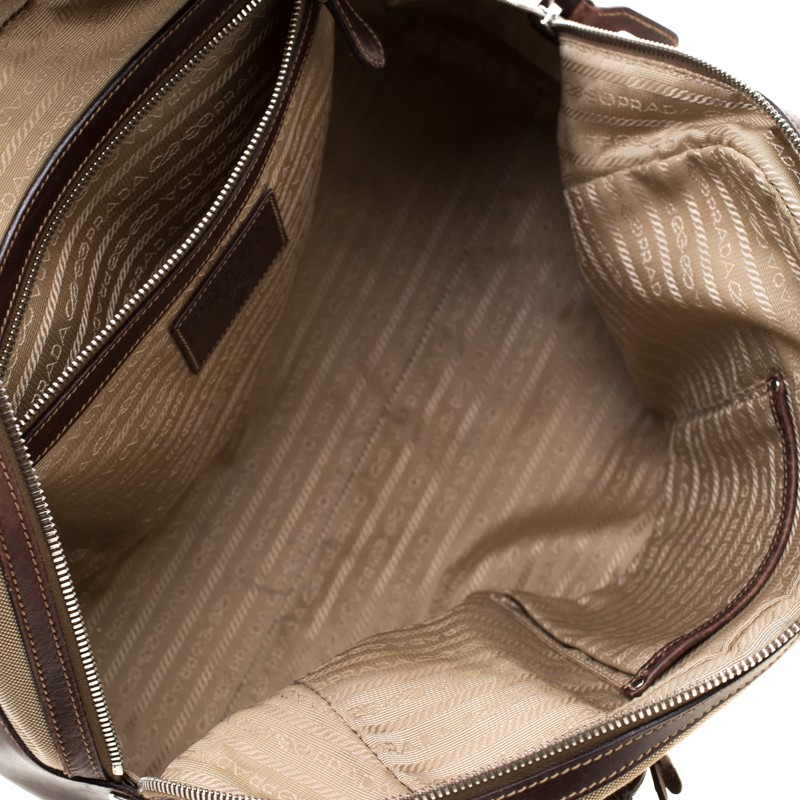 Prada Beige/brown Canvas And Leather Push Lock Satchel